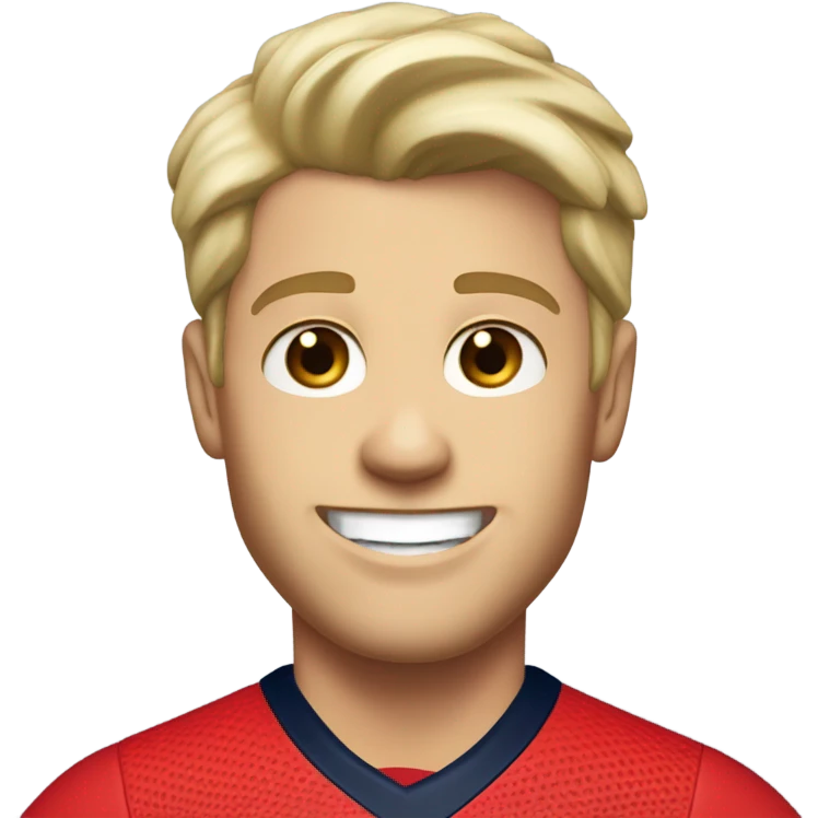 Skinny Caucasian male blonde combed over hair smiling wearing a Houston Texans polo emoji