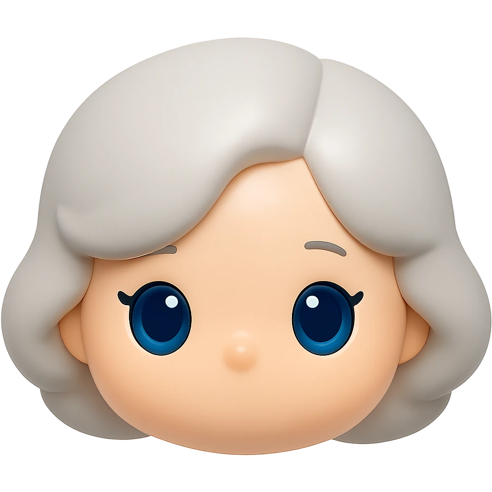 Change the plush texture to a soft, smooth fleece (not wrinkly), keep pure silver grey hair, blue eyes, 1940s bob hairstyle, cute plush-style eyelashes, no body, no mouth, no white border, transparent background. emoji