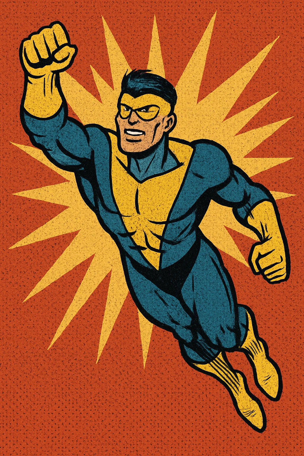 invincible superhero character wearing a blue and yellow suit, dynamic flying pose, comic book style emoji