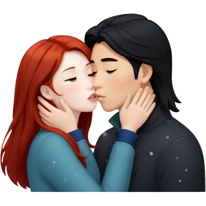 snow falls long black haired asian guy kissing redhead girl emoji
