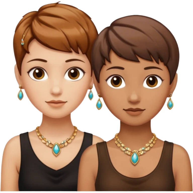 Fair skin and caramel colored besties with brown hair pixie cuts wearing jewelry  both brown hair  emoji