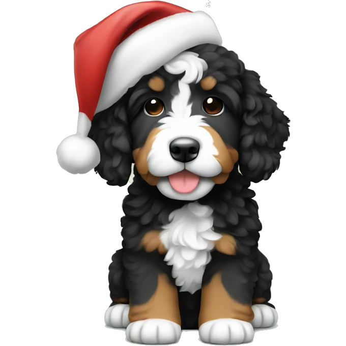 A bernedoodle puppy with a Christmas hat emoji