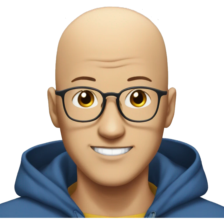 bald saitama in his 30s wearing glasses, smiling, in a blue hoodie emoji