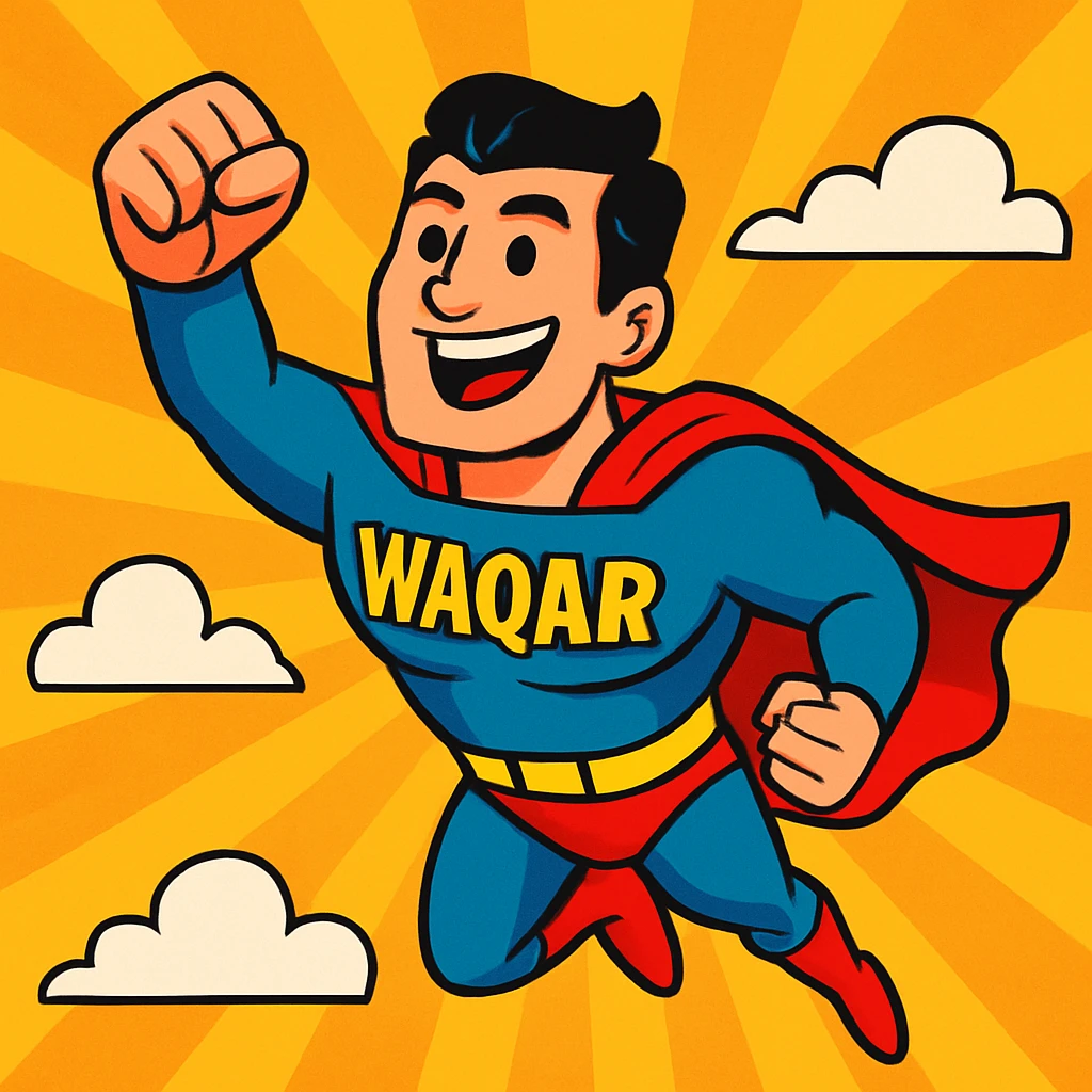 superhero flying with a cape, the name Waqar visible, energetic and fun style emoji