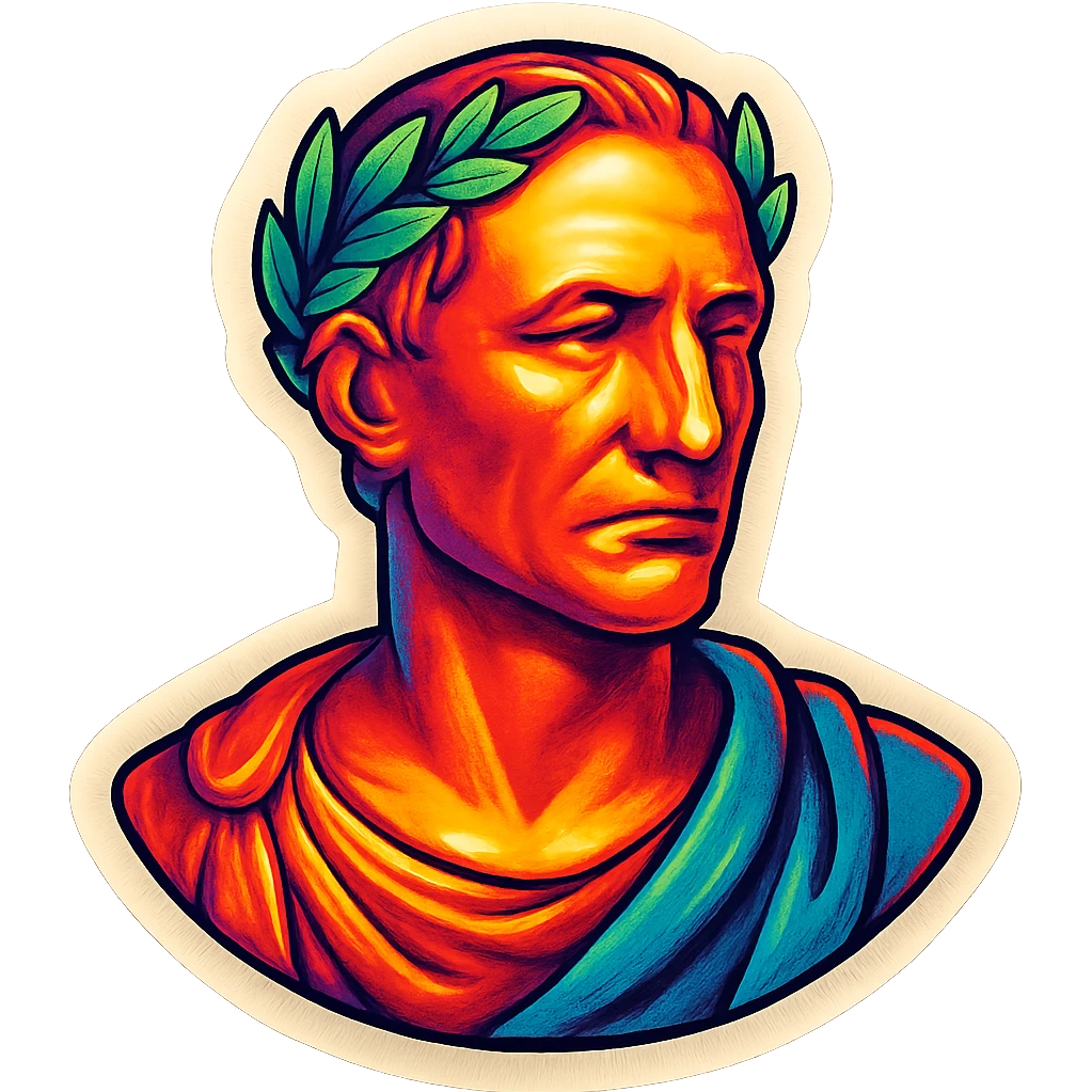 Julius Caesar as a retro sticker, laurel wreath, toga, bold lines, vintage sticker style emoji