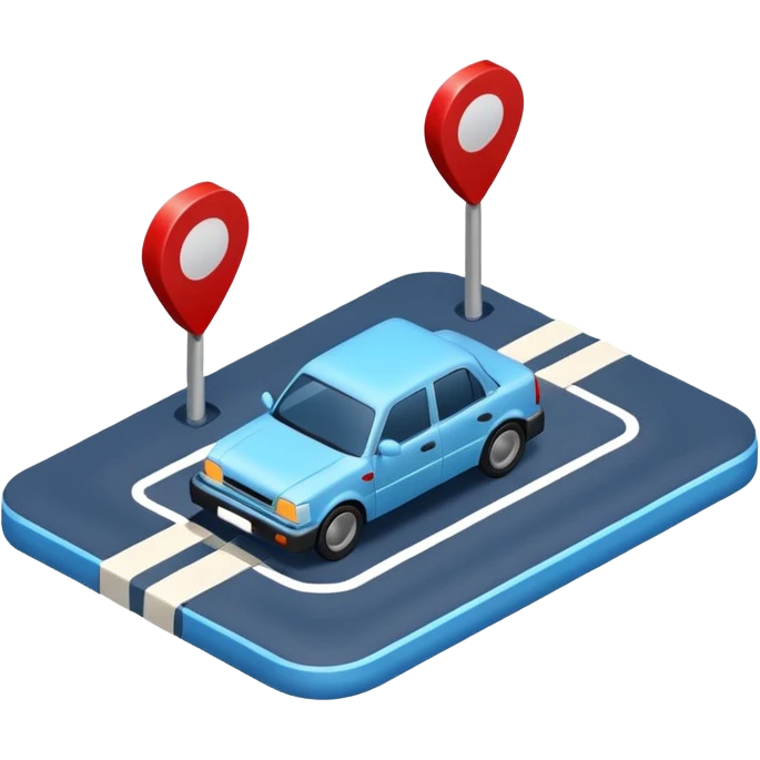 
A 3D minimal icon showing a street route to a destination with a single vehicle, a blue road, and small red accents for alerts. The style is clean, minimal 3D, with a transparent background. emoji