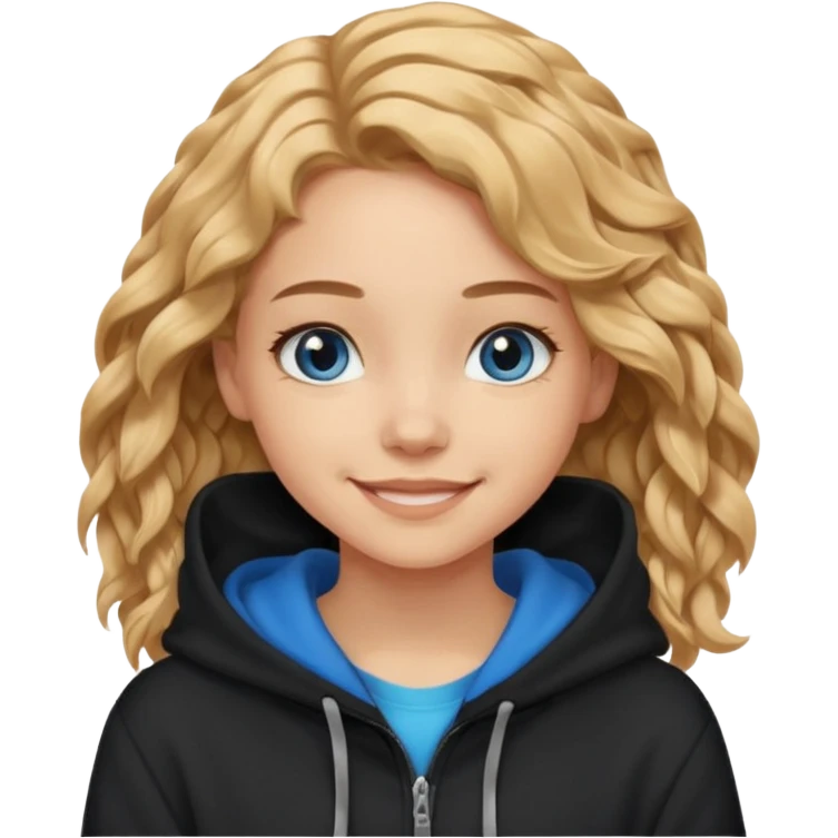 мила дівчинка з пшеничним хвилястим волоссям до грудей з голубими очами в чорному худі посміхається emoji