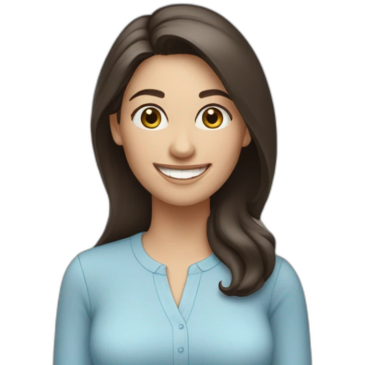 Caucasian woman with long dark brown hair, wearing a light blue blouse, smiling emoji