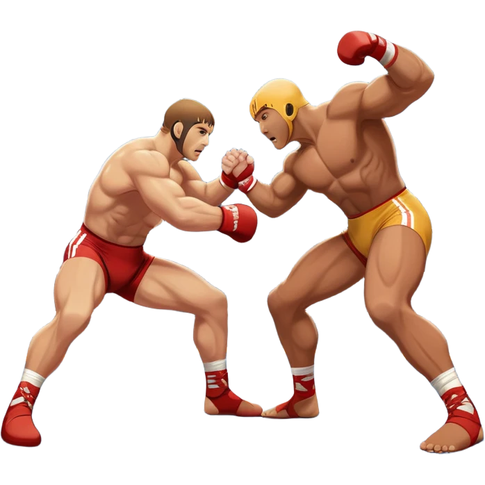 An icon depicting two wrestlers in a grappling stance on the mat, engaged in a fierce combat. One fighter attempts a takedown, while the other resists. The background shows a wrestling arena with bright lights and spectators around the edge of the ring. Transparent background  emoji