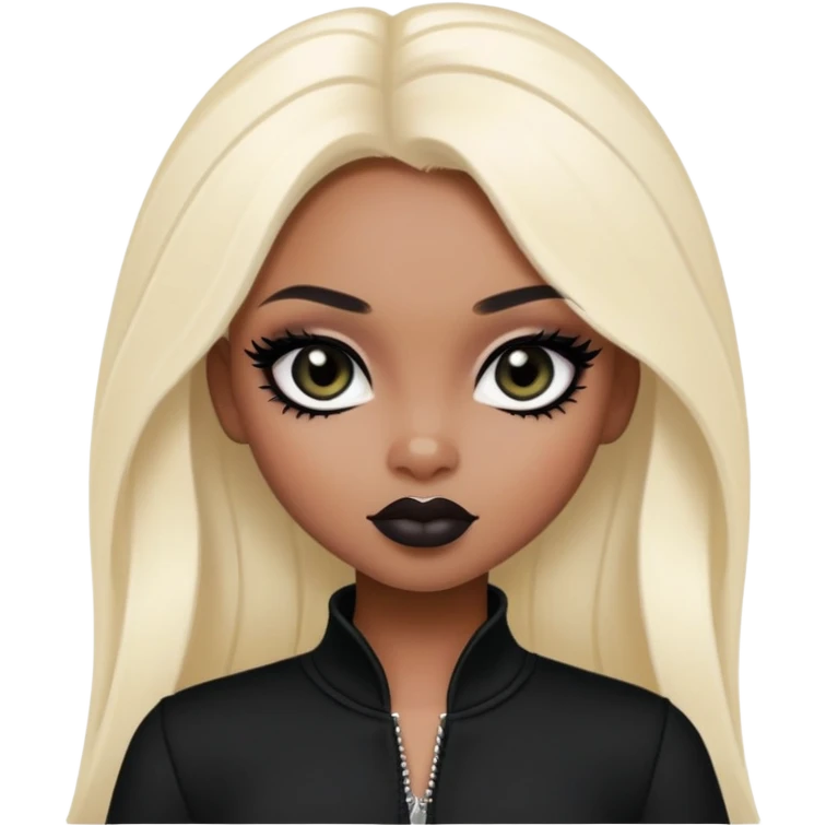 black pretty bratz girl, dark black eyes, black eyeliner, pale skin, black clothes emoji