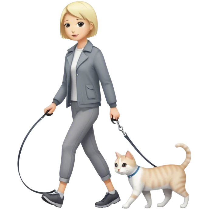 blonde short-haired woman walking a gray and white cat on a leash emoji