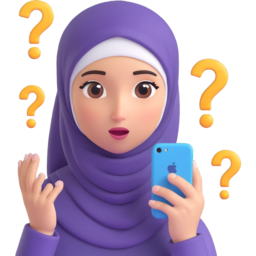 a girl wearing a hijab, confused expression, question marks floating around her, iPhone memoji style, 3D, expressive face emoji