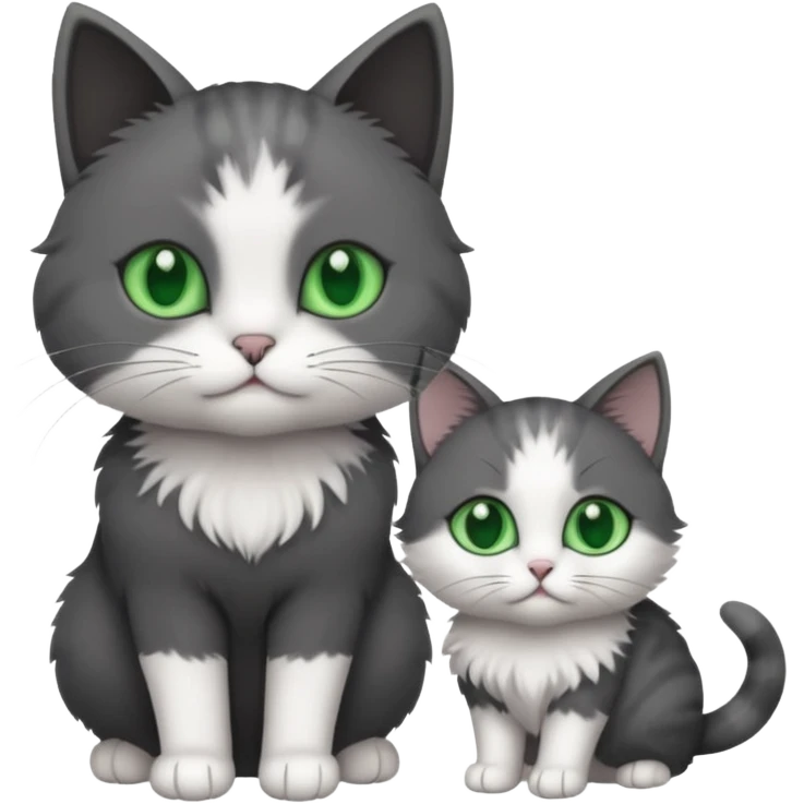 2 different coloured small cats including a dark grey and white and a completely solid dark grey with green eyes and only white paws emoji