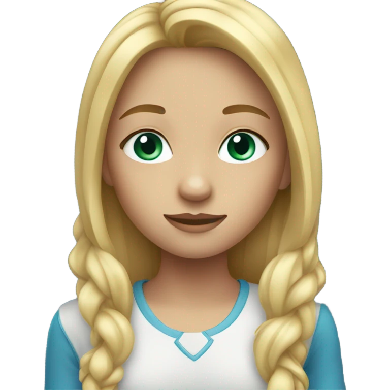 A girl with blonde long hair and blu- green eyes emoji