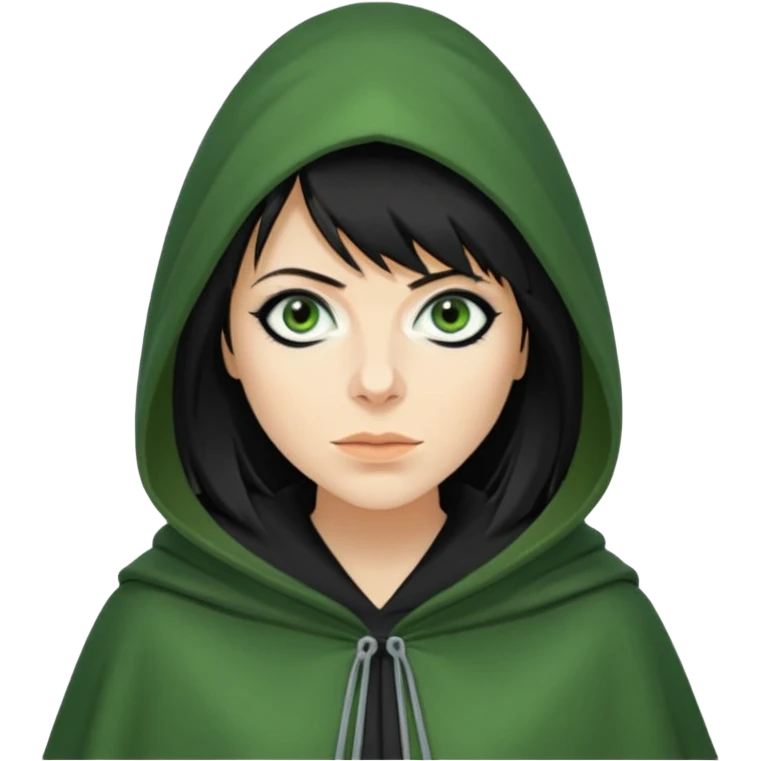 claudia winkleman as a traitor with a green hooded cloak and dark black eyeliner emoji