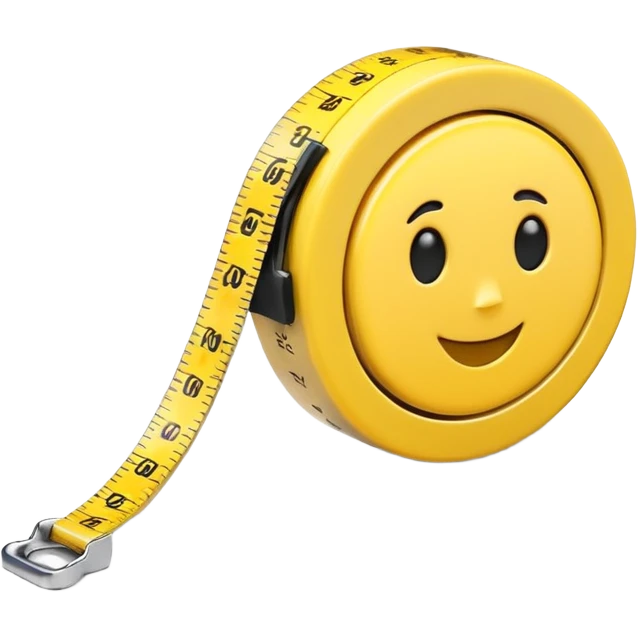 A 3D emoji-style yellow measuring tape, rolled in a spiral with black markings, realistic light and shadow, minimalistic background, vector-like clean design. emoji