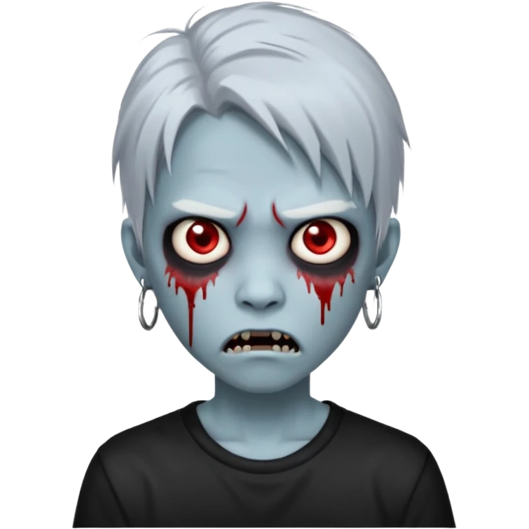 Create a 3D emoji-style avatar with very pale blue-grey zombie skin like the reference image, a young Asian face, and large eyes with blood tears. Give it white mullet hair style , silver hoop earrings, and a plain black T-shirt. The face expression should be slightly angry, with vampire fang  emoji