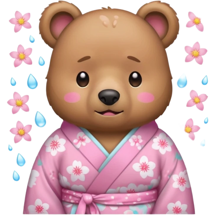 A cute light-brown bear wearing a pastel pink sakura-patterned kimono, normal balanced body ratio.  
Crying heavily with big teardrops streaming down the face, trembling lips and watery eyes.  
Kawaii emoji style, minimalistic clean sticker illustration, white background. emoji