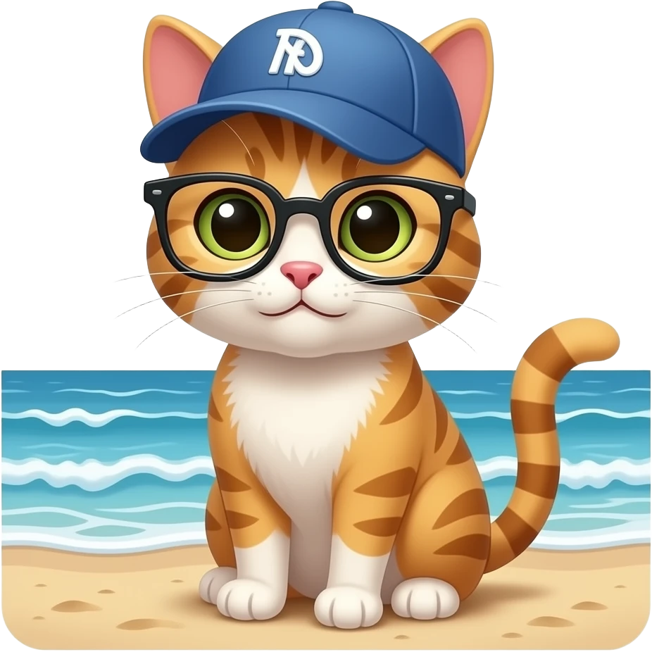 Gato con gafas y gorra en la playa emoji