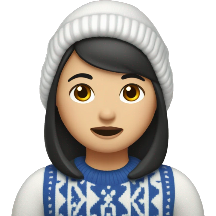 Asian woman with bob and frosty snowman sweater hitting cowbell emoji