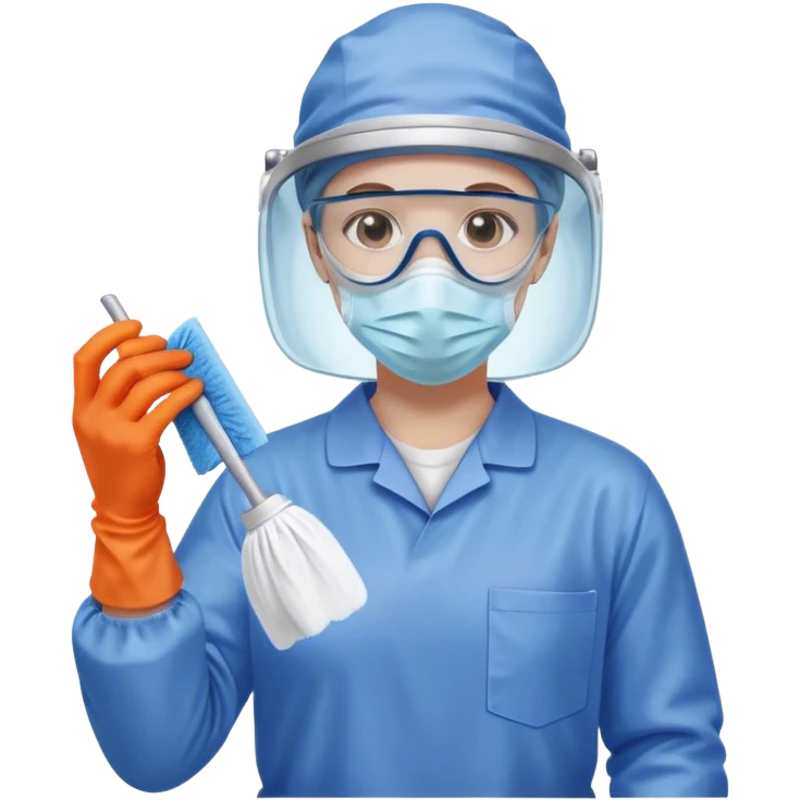A meticulous cleanroom worker dressed in full protective gear, including a blue sterile suit, a face mask,  and orange gloves.  cleaning glasses with a wipe in one Hand emoji