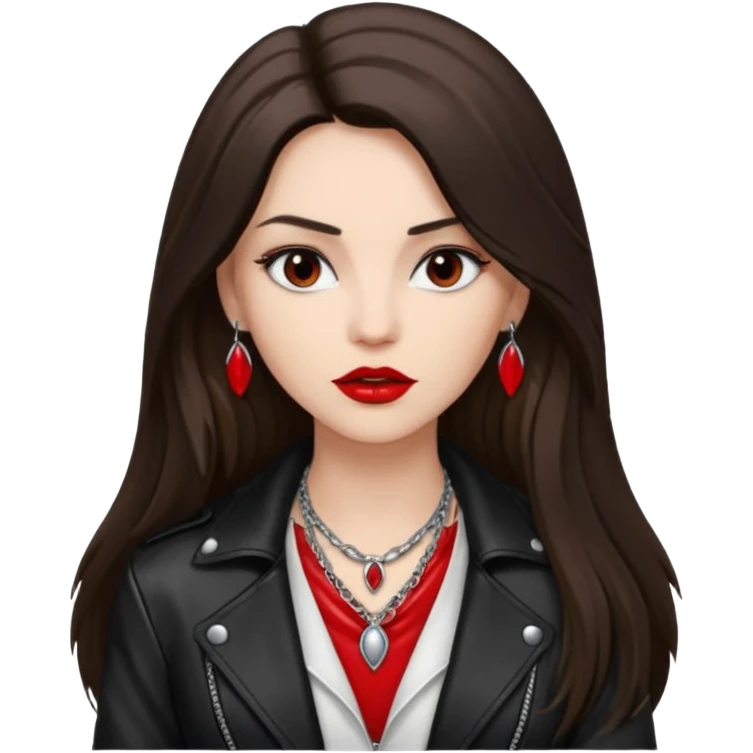 brunette with very long hair in black cuir jacket with red lips and very dark brown eyes and white shirt and mysterious necklace without ear piercing emoji