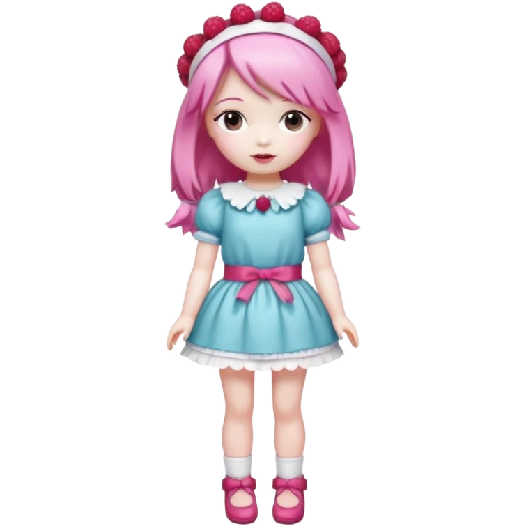 Isolated detaile illustration modern raspberry torte doll figurine full body with pink hair and a raspberry hairband emoji