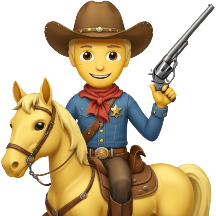 Cowboy riding a horse with revolver. Cowboy With yellow skin and smilling. I mean the face should yellow like mustard color. Simplize it and I need a full pic with horse. Like I need the leg part too emoji