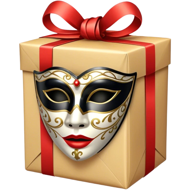 Gift wrapped with black rope and Miniature venetian mask emoji