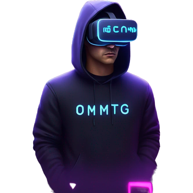 Russian man wearing a black hoodie with "OMG" letters on it and VR headset in a cyberpunk VR environment with violet neon lighting. emoji