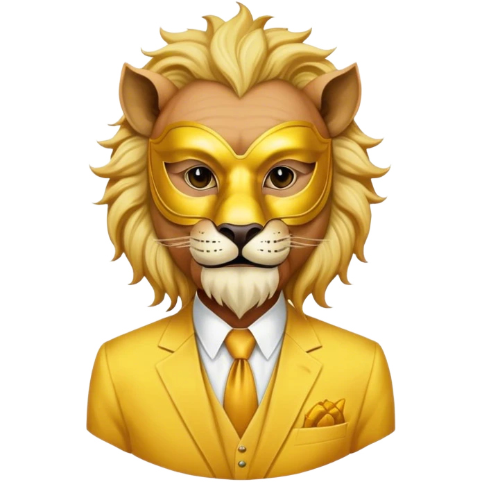 a old man, with a Yellow suit,  wear half-face golden Lion masquerade mask emoji