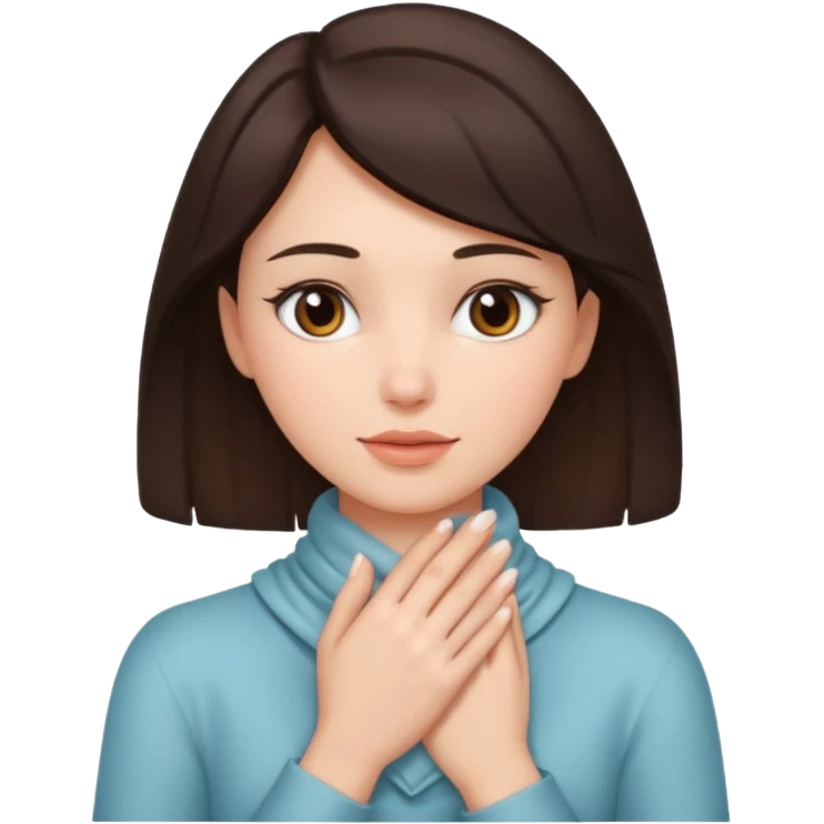 a brunette woman with her hands wrapped fully around her neck emoji