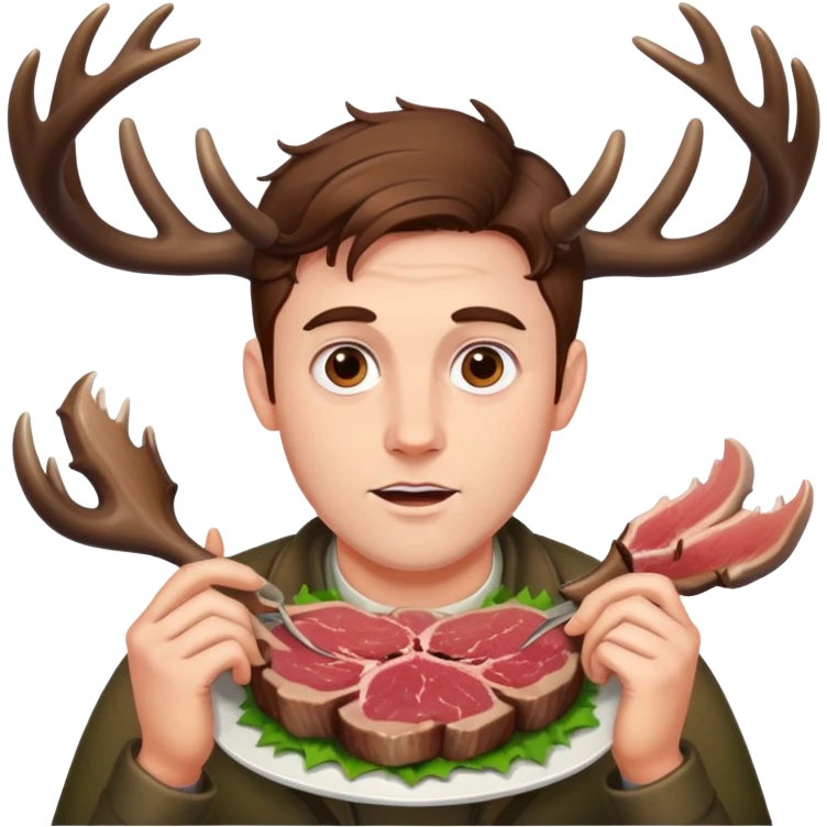 Guy with deer antlers eats meat, brown hair emoji