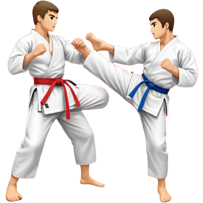 Two karate fighters in traditional gi sparring. One executes a high kick aimed at the opponent’s head, while the other blocks with a strong hand defense. The background features a classic dojo with wooden flooring and banners. Dynamic motion and focused expressions. Transparent background. emoji