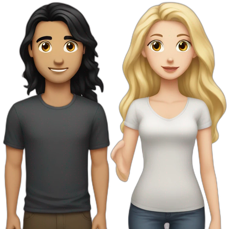 a white girl with black straight hair in love with a white guy with black wavy hair  emoji