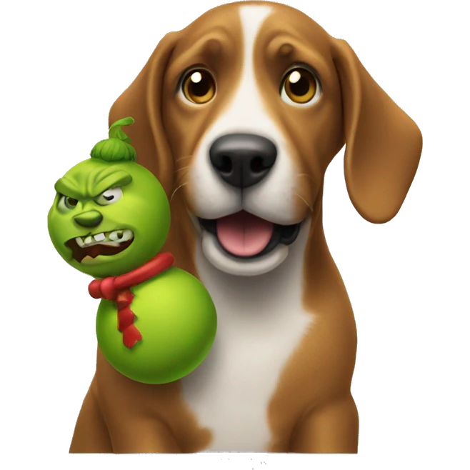 A dog with a toy shooting at a grinch emoji