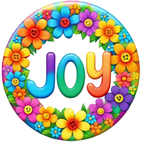 A round psychedelic colored button that says joy with rainbow colored hippie style flowers emoji