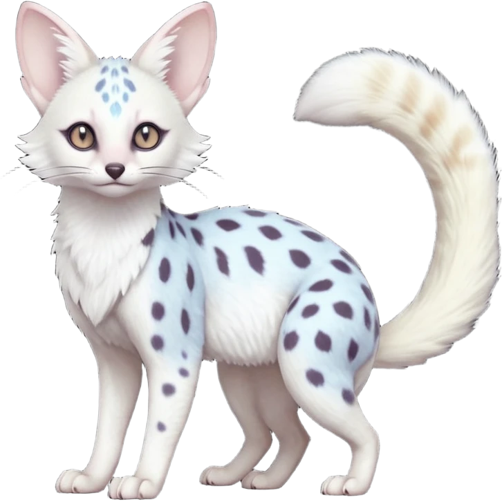 White Albino frosty snow-white whitish pastel-grey-spotted Serval-Civet-Genet-Trico-Furret-Linoone-Noibat-Espeon-Fakémon-Pokémon-animal-hybrid-fusion-creature (full body) with vibrant glowing eyes, cute, elegant, soft, realistic, pastel fur emoji