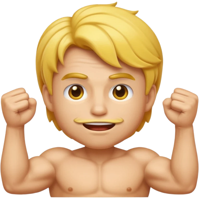Make this man with hair flexing muscles emoji more classic iOS emoji style. Rounder face, softer gradients, classic emoji eyes and mouth, yellow skin tone, simplified details, but keep the pose and hair. Add a glossy effect to the skin. emoji