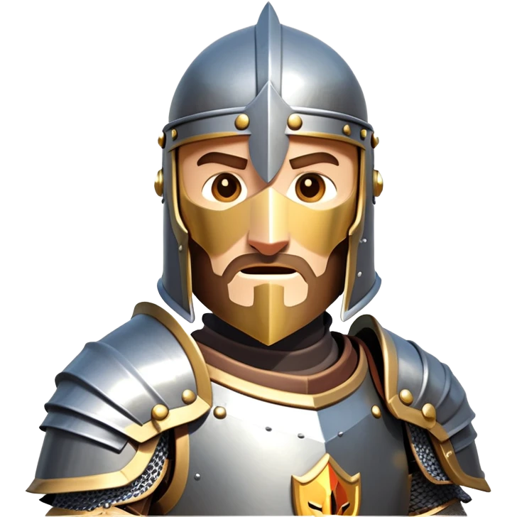 clash-of-clans-aesthetic_-cinematic-fearsome-and-majestic-knight-bust-portrait-emoji, rendered in a flat, vector-style with minimal shading and bold, simplified shapes typical of emoji art, depicting a battle-ready medieval knight standing, mounted on a heavily armored warhorse with plated barding gleaming in the sunlight. emoji