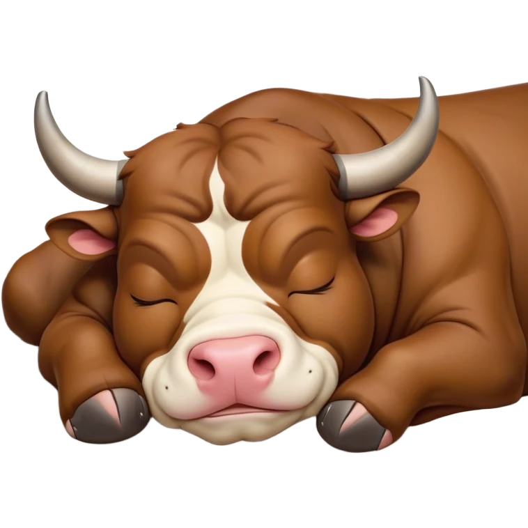 meme-worthy-cute-sleeping-domestic-bull-portrait-emoji,-head-resting-peacefully-with-a-contented-smile,-showcasing-a-robust,-muscular-build-and-a-luxuriously-soft-coat,-eyes-gently-closed-in-serene,-restful-slumber,-simplified,-solid-brown emoji