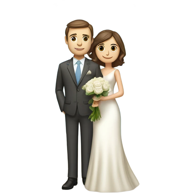 grown wedding couple. Bride have short brown hair, wearing a cute long dress, long veil, and is holding a white rose bouquet. Groom have also brown hair, wearing a cream-colored suit with a sky blue tie and breast pocket. He also have a orquid boutonniere emoji