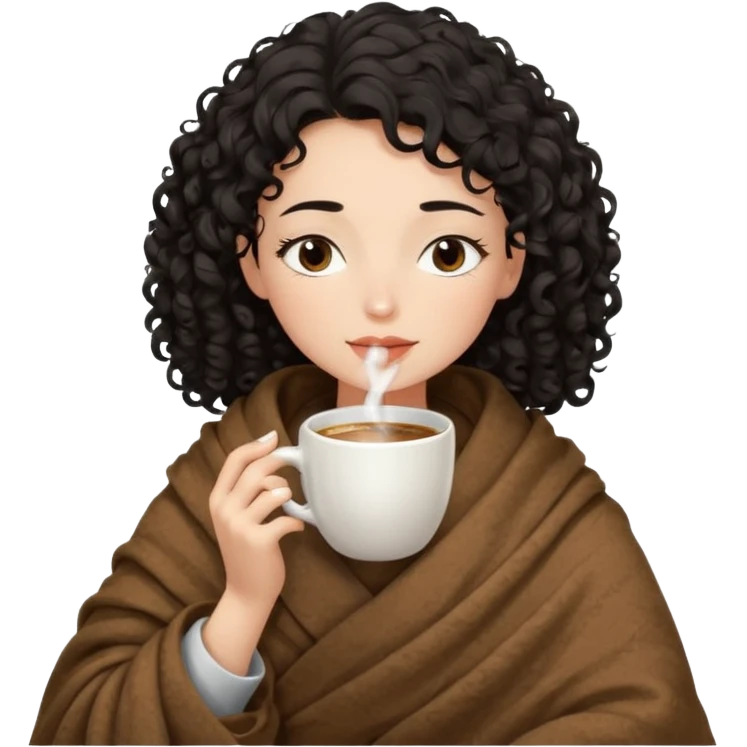 Gözleri kapalı, beyaz tenli ve kıvırcık siyah saçlı saç boyu orta omuzlarında bir kadın avatar, battaniyeye sarılmış halde beyaz bir Türk kahvesi fincanından içeceğini huzurla yudumluyor. emoji