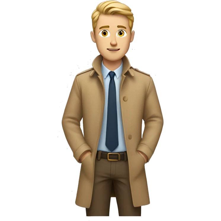 White Young man with a tan detective coat behind his laptop opened emoji