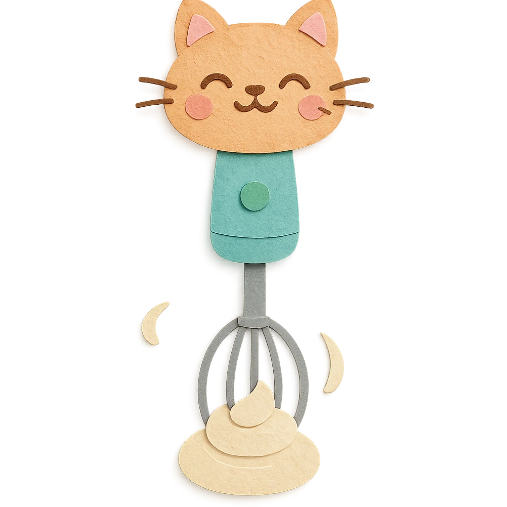 cute electric whisk-cat hybrid, spinning cream joyfully, pastel palette, full-body emoji