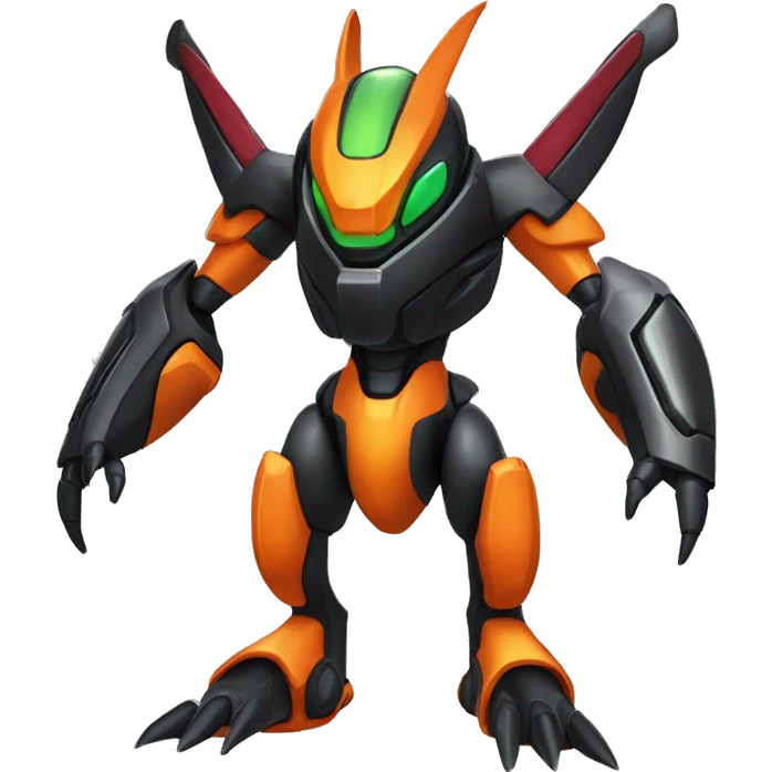 a shiny metallic black-orange Genesect-Flygon-Raptor-Fakémon-Medabot-hybrid with a futuristic visor-helmet full body emoji
