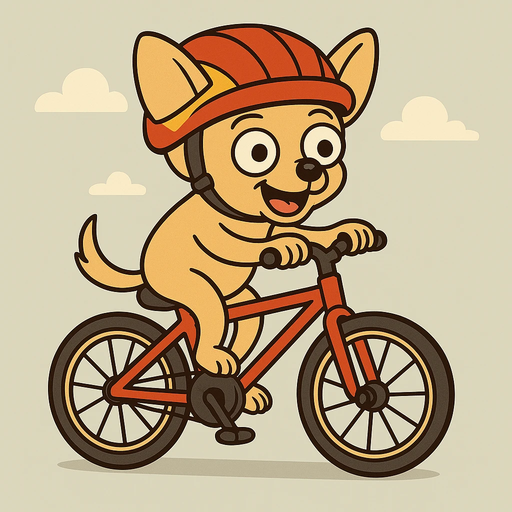 Add a cheerful helmet to the small chihuahua pedaling a bicycle, keeping the cheerful mood. emoji
