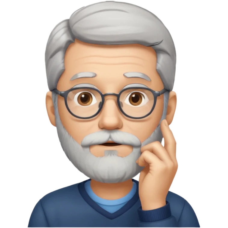 Gray haired man with glasses and a beard with his hand on his chin emoji