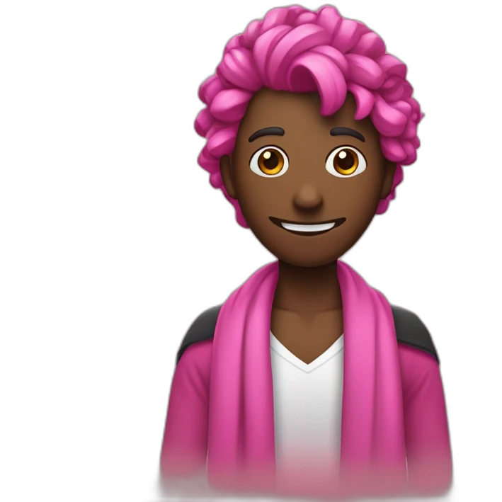 es un personaje con el pelo puntiagudo y una bufanda. El personaje tiene una bufanda rosa alrededor del cuello. El personaje tiene el pelo puntiagudo que es negro emoji