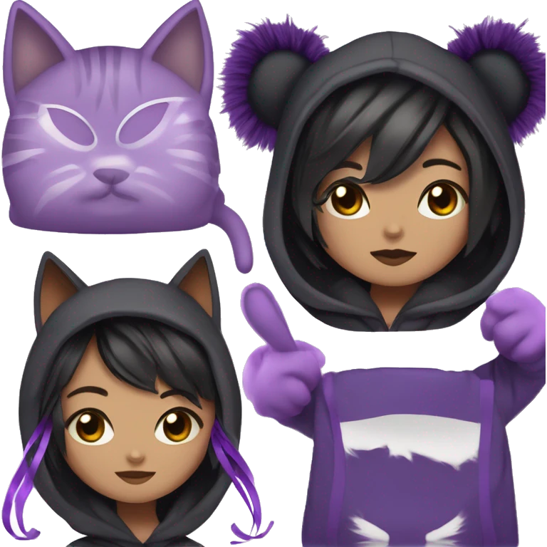 Human with cat whiskers and black/white hair divided in the middle, dressed in a black hoodie with cat ears and Lilia ear muffs and purple ribbons, eye color also purple. emoji